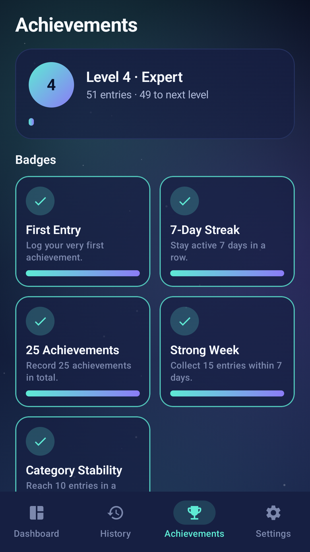 Clarity Dashboard achievements screen